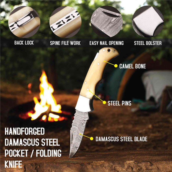 Handmade Damascus Steel Folding Knife with Camel Bone Handle & 5 Handle Options