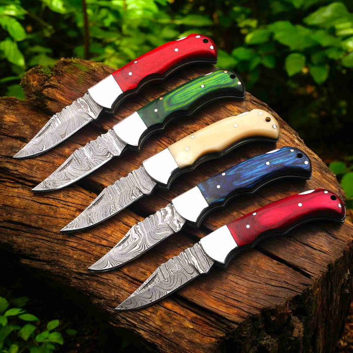 Handmade Damascus Steel Folding Knife with Camel Bone Handle & 5 Handle Options