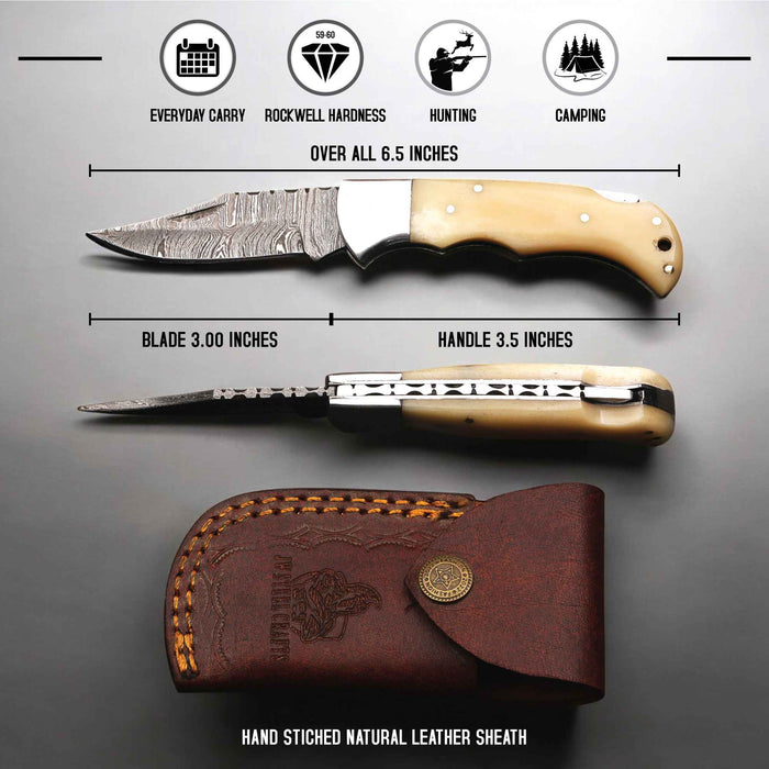 Handmade Damascus Steel Folding Knife with Camel Bone Handle & 5 Handle Options