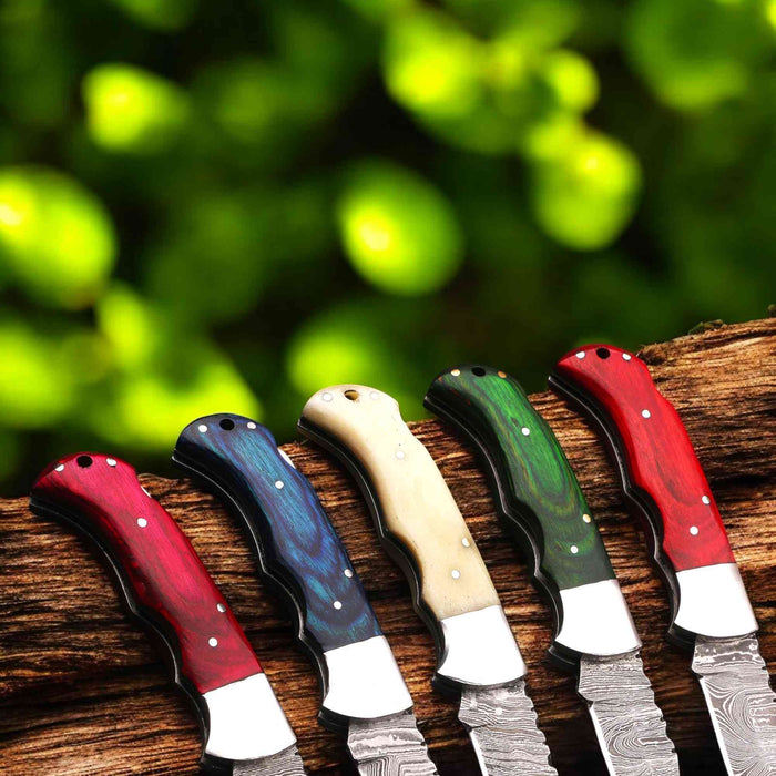 Handmade Damascus Steel Folding Knife with Camel Bone Handle & 5 Handle Options