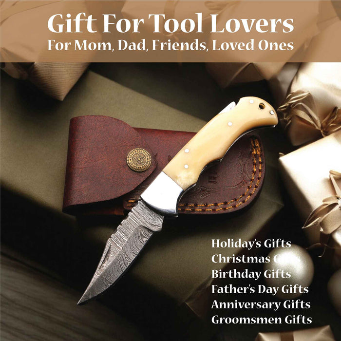 Handmade Damascus Steel Folding Knife with Camel Bone Handle & 5 Handle Options