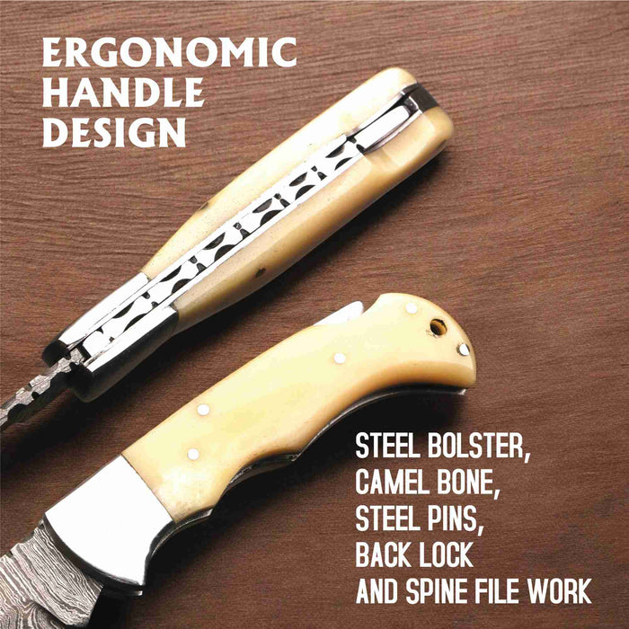 Handmade Damascus Steel Folding Knife with Camel Bone Handle & 5 Handle Options