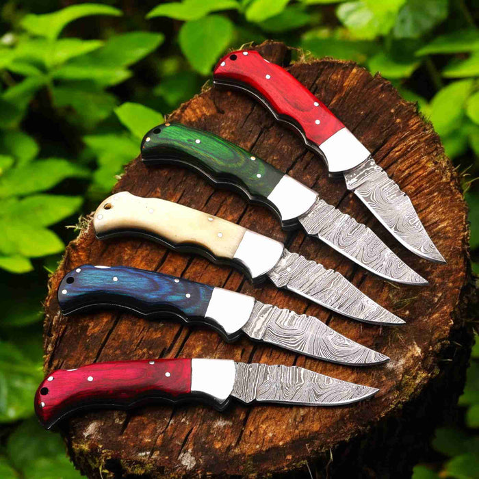 Handmade Damascus Steel Folding Knife with Camel Bone Handle & 5 Handle Options
