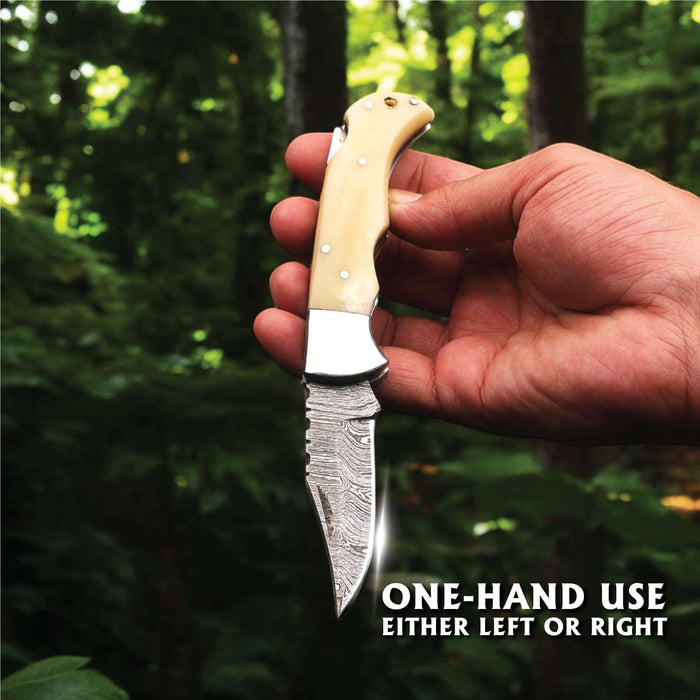 Handmade Damascus Steel Folding Knife with Camel Bone Handle & 5 Handle Options