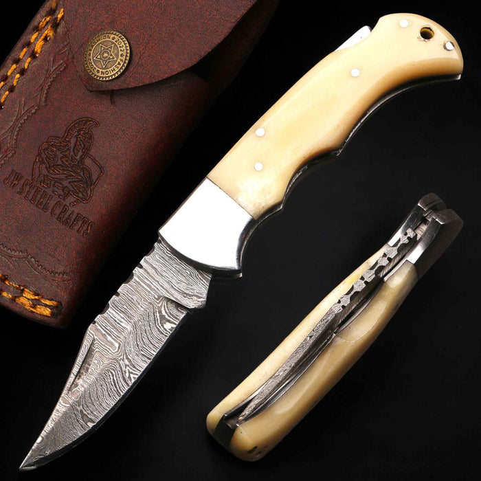 Handmade Damascus Steel Folding Knife with Camel Bone Handle & 5 Handle Options