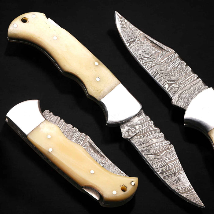 Handmade Damascus Steel Folding Knife with Camel Bone Handle & 5 Handle Options