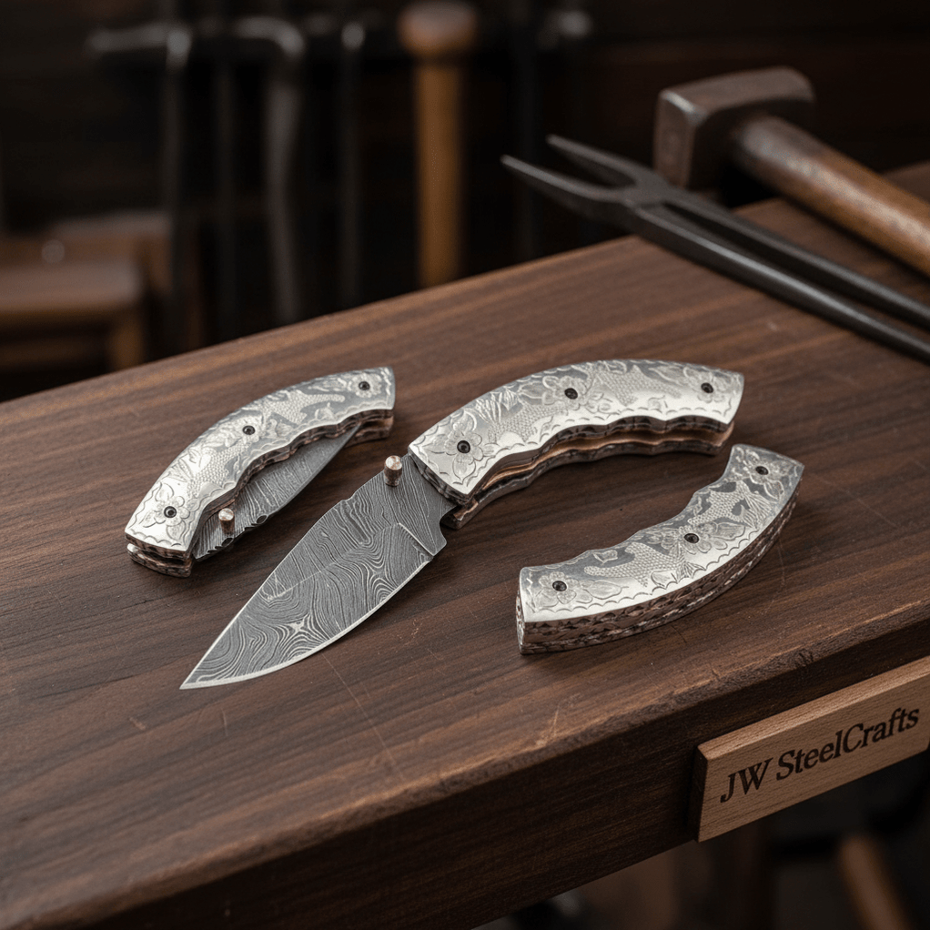 Handmade Damascus Steel Folding Knife – Engraved Brass Handle EDC Pock ...