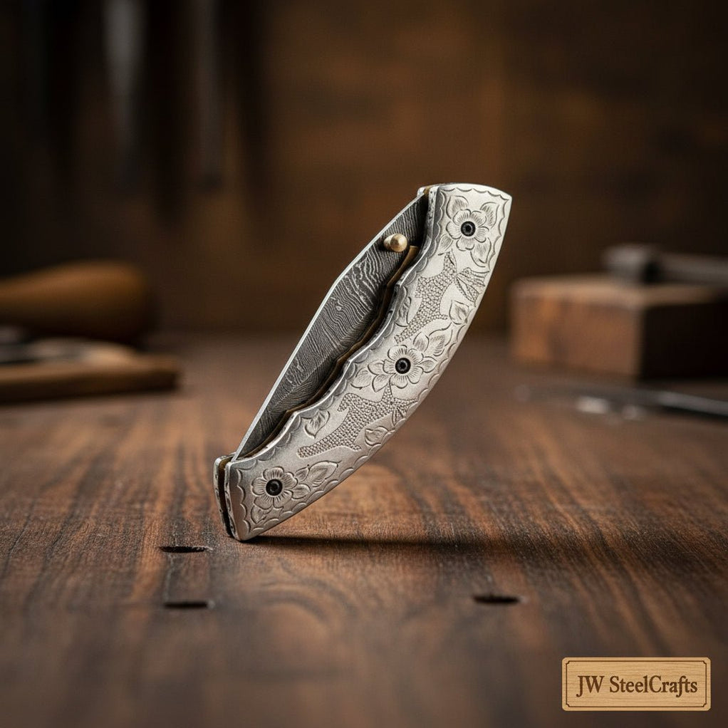 Handmade Damascus Steel Folding Knife – Engraved Brass Handle EDC Pock ...