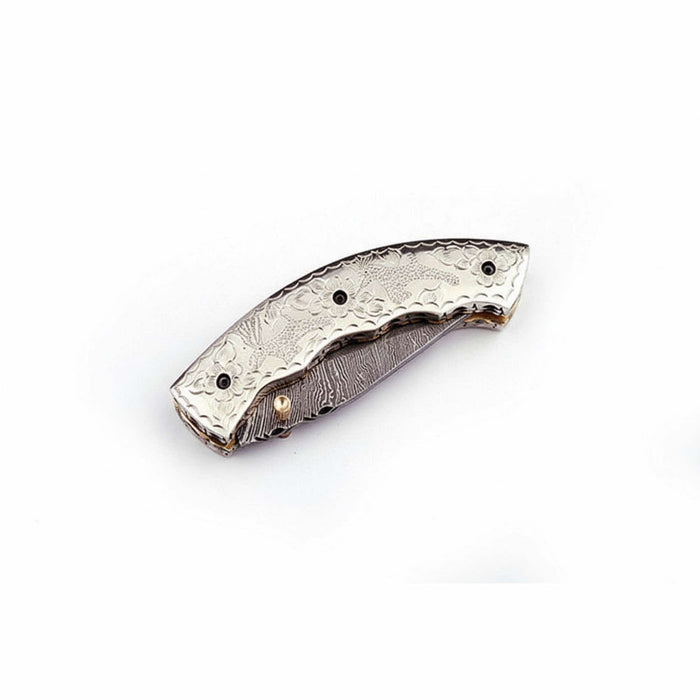 Handmade Damascus Steel Folding Knife – Engraved Brass Handle EDC Pocket Knife with Leather Sheath