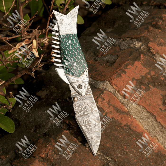 Handmade Damascus Folding Knife with Green Honeycomb Handle and Liner Lock