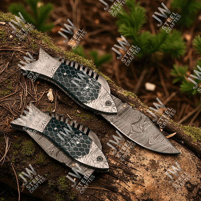 Handmade Damascus Folding Knife with Green Honeycomb Handle and Liner Lock