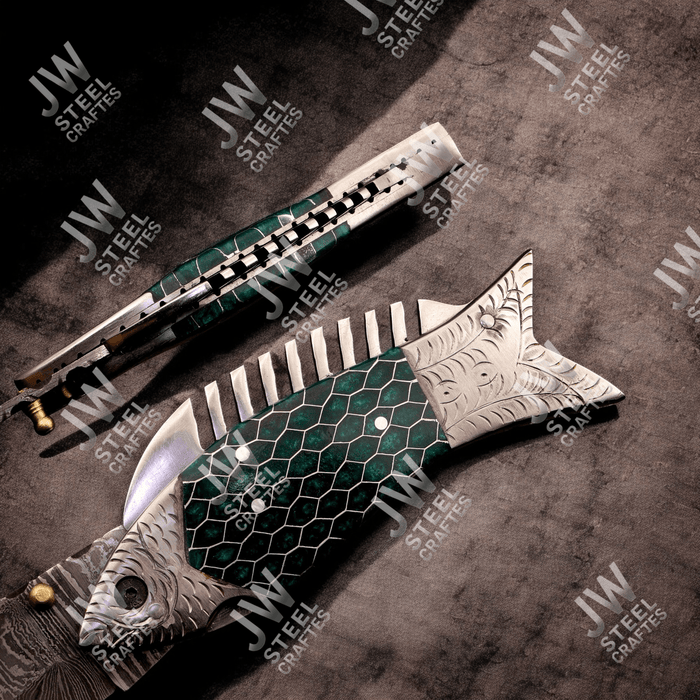 Handmade Damascus Folding Knife with Green Honeycomb Handle and Liner Lock