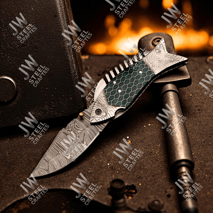 Handmade Damascus Folding Knife with Green Honeycomb Handle and Liner Lock