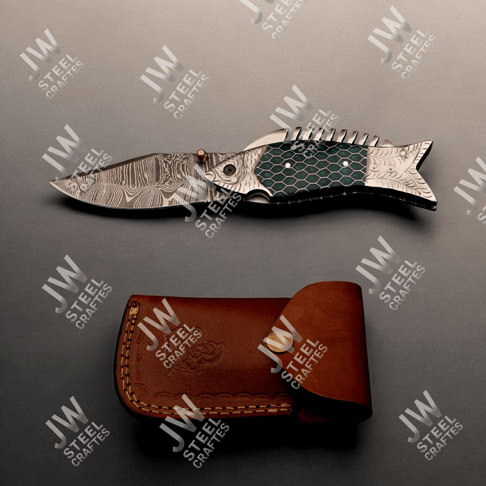 Handmade Damascus Folding Knife with Green Honeycomb Handle and Liner Lock