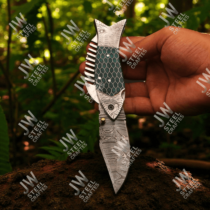 Handmade Damascus Folding Knife with Green Honeycomb Handle and Liner Lock