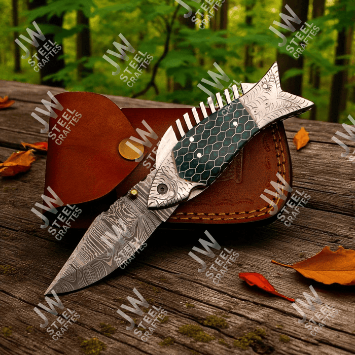 Handmade Damascus Folding Knife with Green Honeycomb Handle and Liner Lock