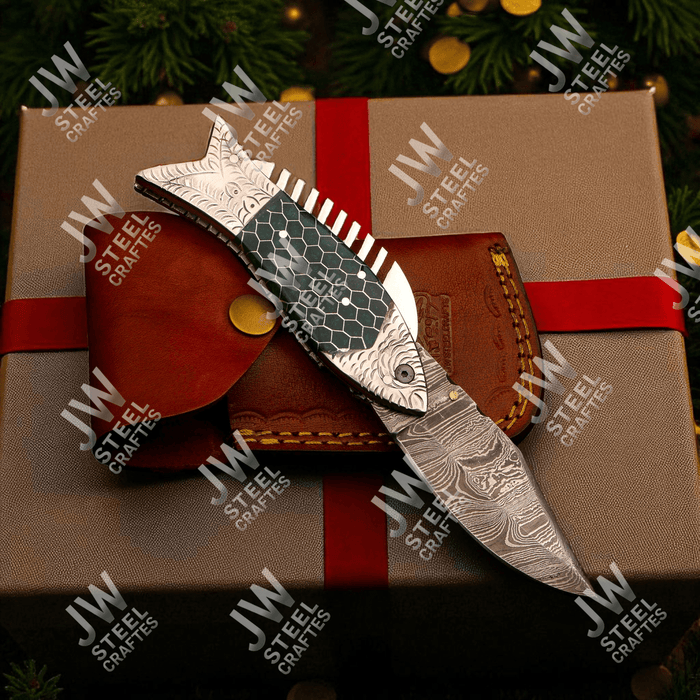 Handmade Damascus Folding Knife with Green Honeycomb Handle and Liner Lock