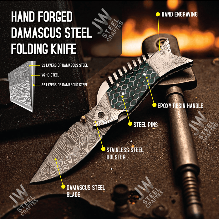 Handmade Damascus Folding Knife with Green Honeycomb Handle and Liner Lock