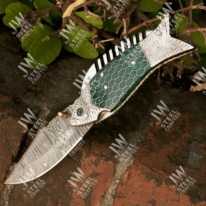 Handmade Damascus Folding Knife with Green Honeycomb Handle and Liner Lock