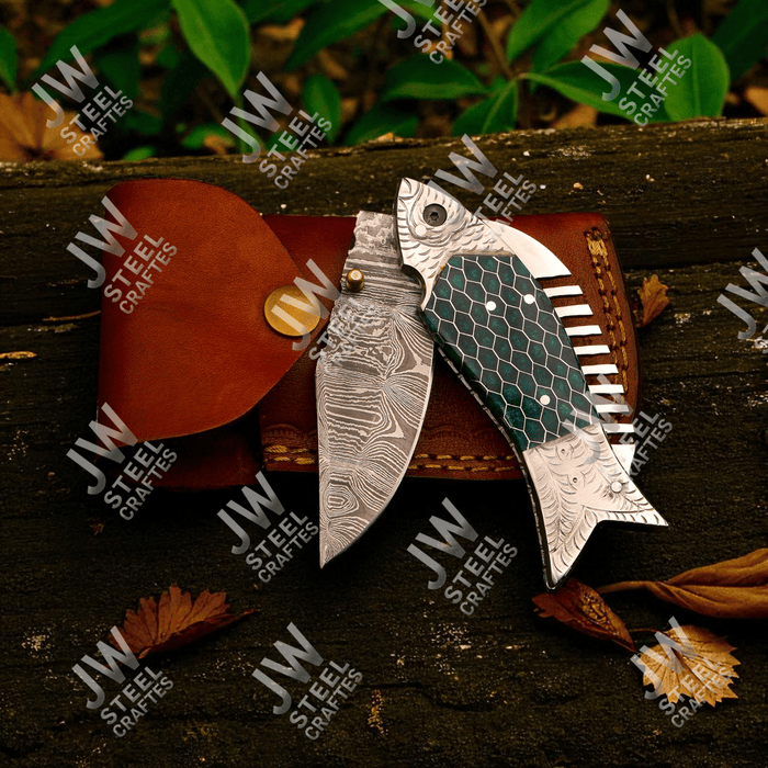 Handmade Damascus Folding Knife with Green Honeycomb Handle and Liner Lock