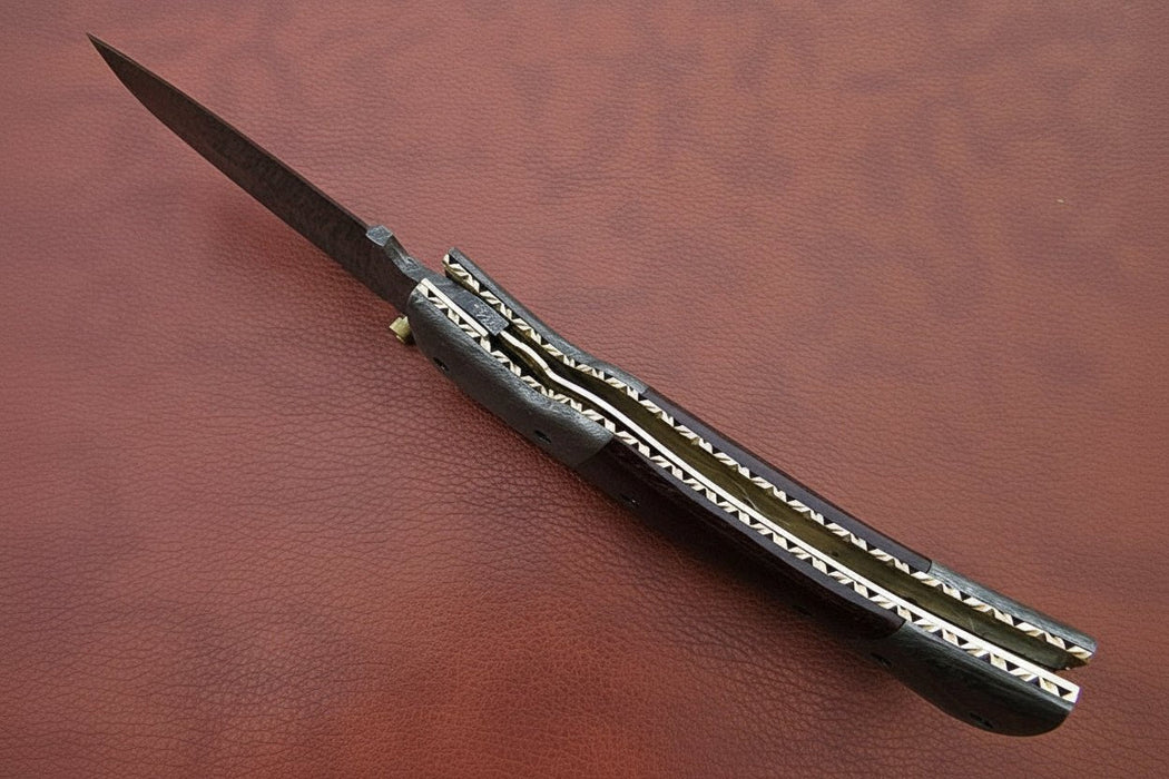 Handmade Damascus Steel Folding Knife – Matte Black Handle with Brass Liner & Thumb Stud | JW SteelCrafts