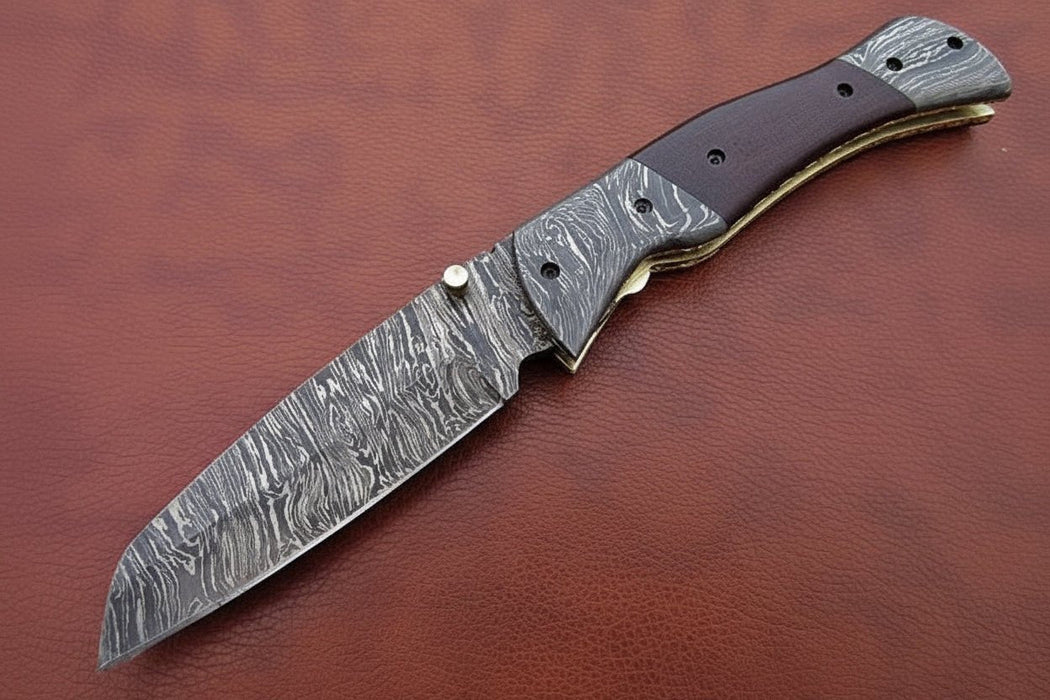 Handmade Damascus Steel Folding Knife – Matte Black Handle with Brass Liner & Thumb Stud | JW SteelCrafts