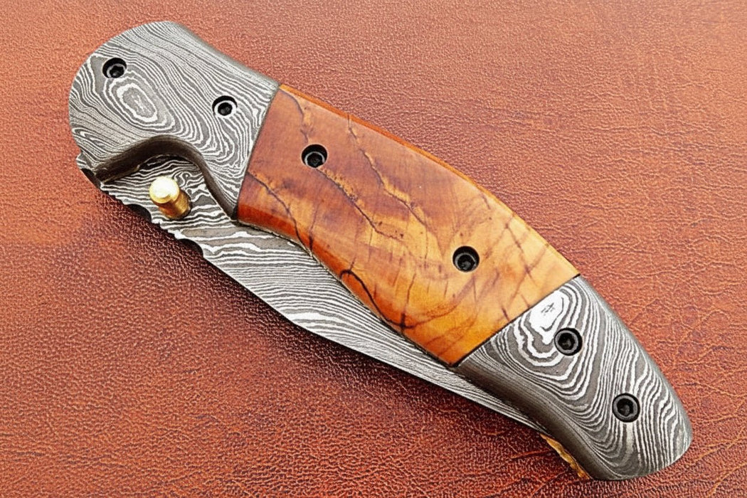 Handmade Damascus Steel Folding Knife with Amber Burl Wood Handle – Custom Pocket Knife by JW SteelCrafts