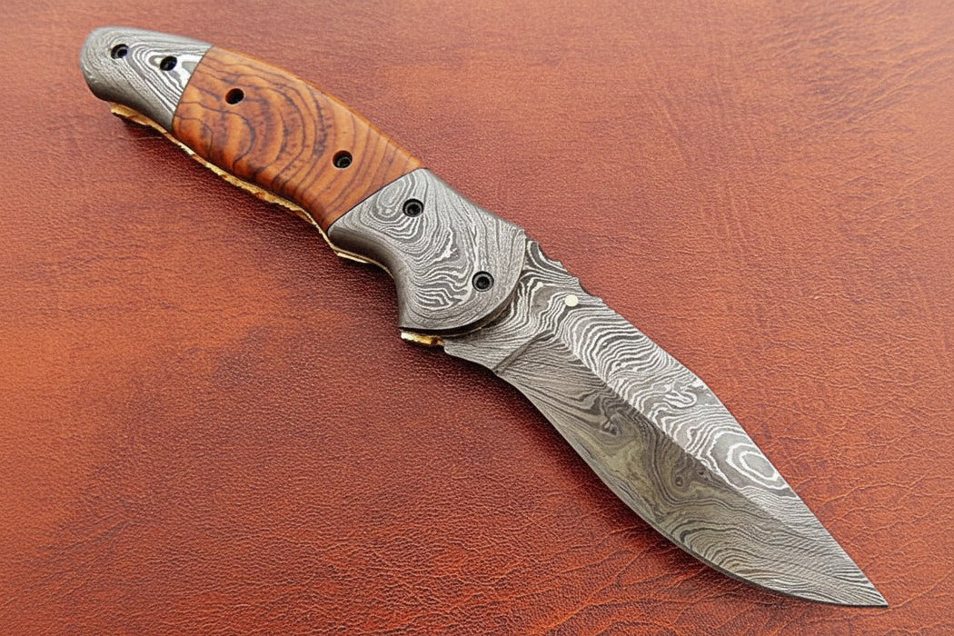 Handmade Damascus Steel Folding Knife with Amber Burl Wood Handle – Custom Pocket Knife by JW SteelCrafts