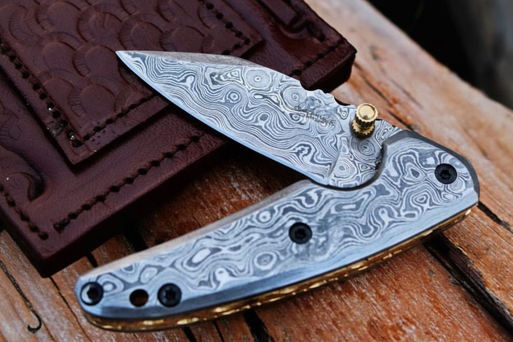 Handmade Damascus Steel Folding Knife with Dark Wood Handle & Leather Sheath