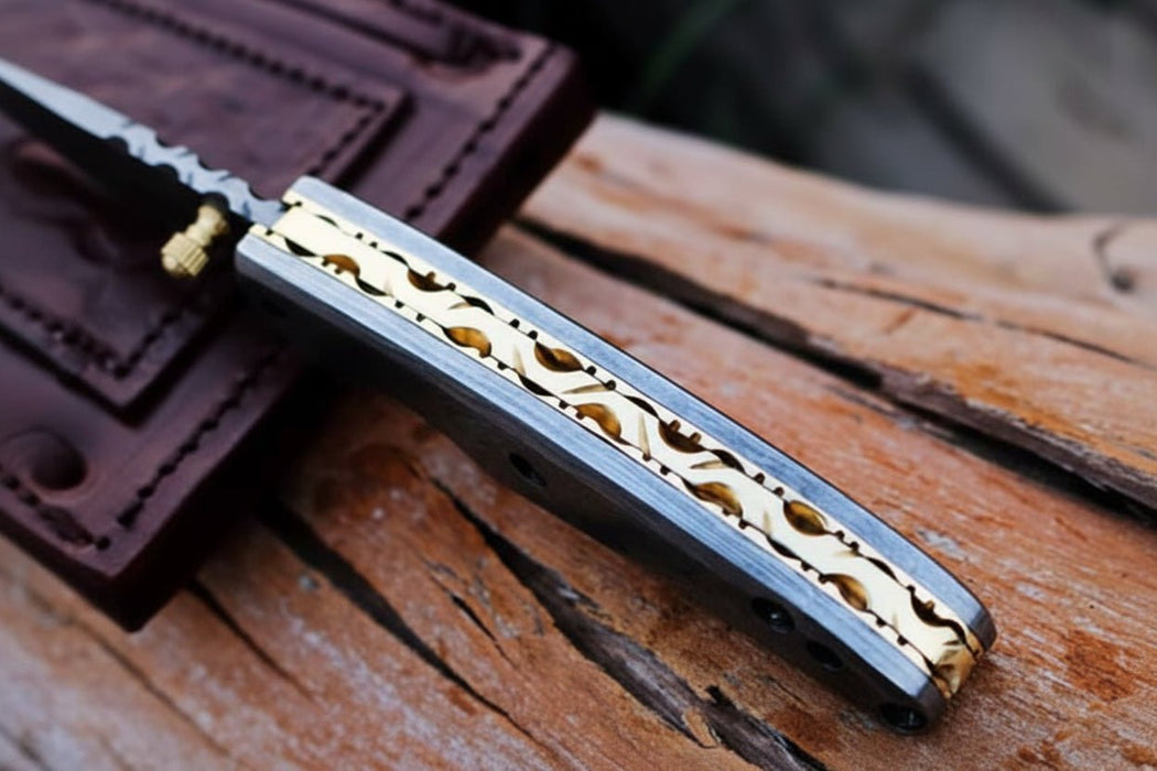 Handmade Damascus Steel Folding Knife with Dark Wood Handle & Leather Sheath