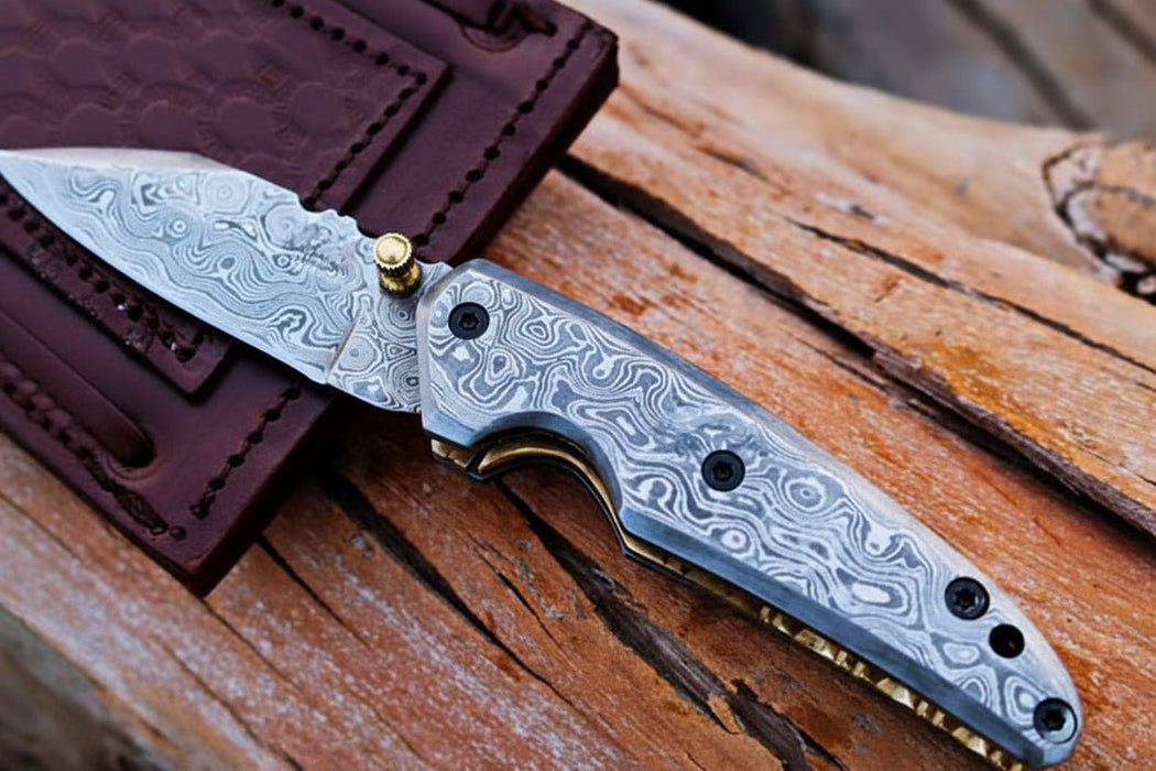 Handmade Damascus Steel Folding Knife with Dark Wood Handle & Leather Sheath