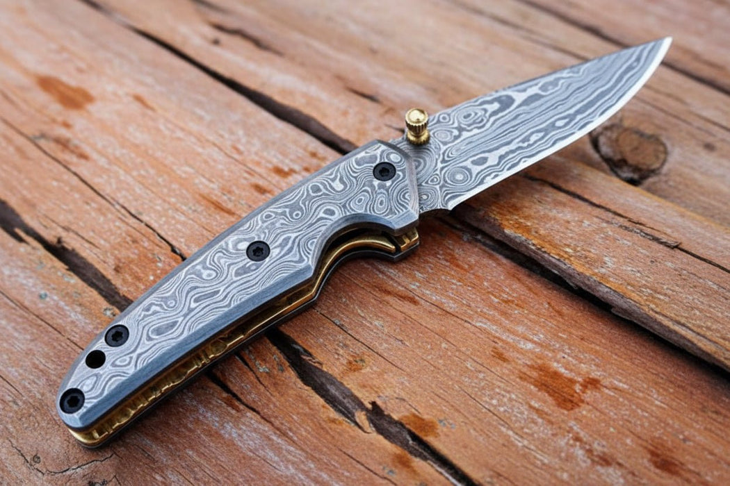 Handmade Damascus Steel Folding Knife with Dark Wood Handle & Leather Sheath