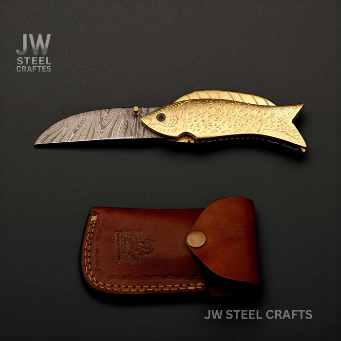 Handmade Damascus Steel Folding Knife with Engraved Brass Fish Handle