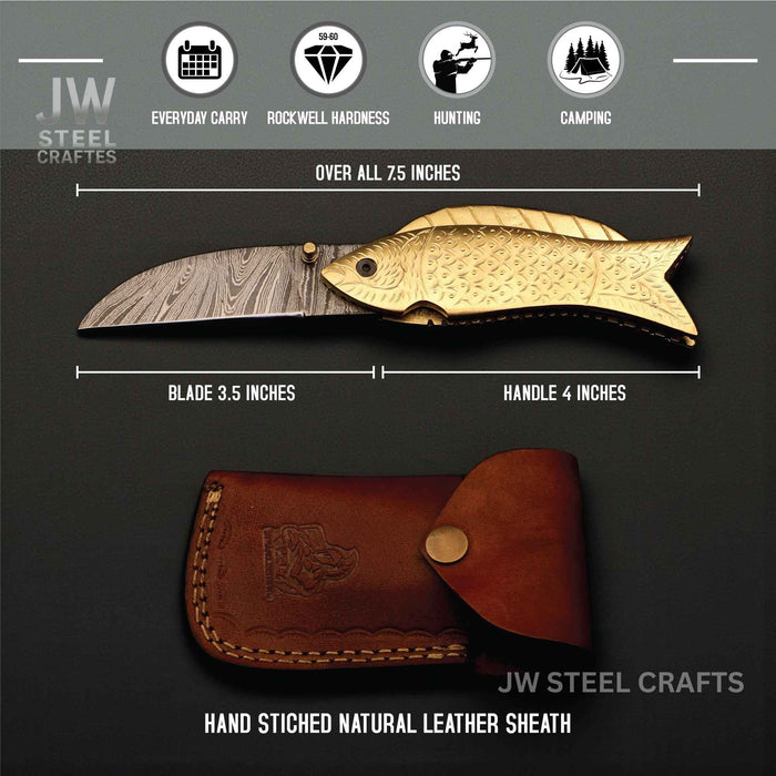 Handmade Damascus Steel Folding Knife with Engraved Brass Fish Handle