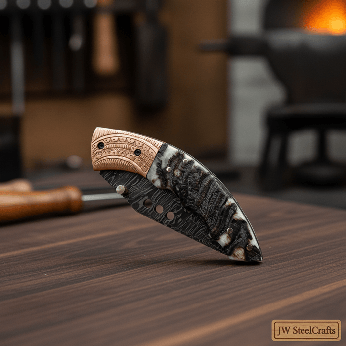 Handmade Damascus Steel Folding Knife with Engraved Metal Handle – Premium EDC Pocket Knife