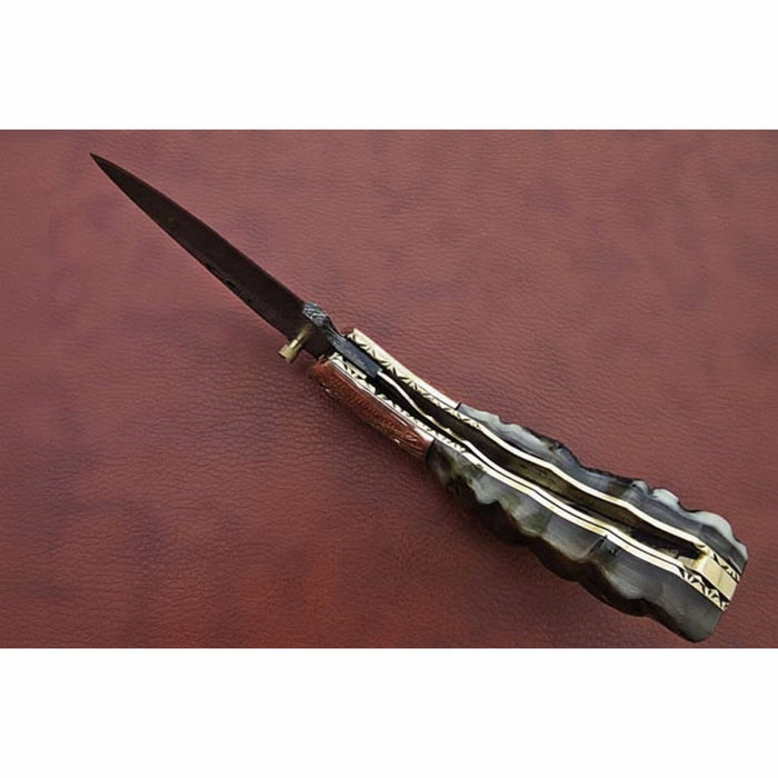 Handmade Damascus Steel Folding Knife with Engraved Metal Handle – Premium EDC Pocket Knife