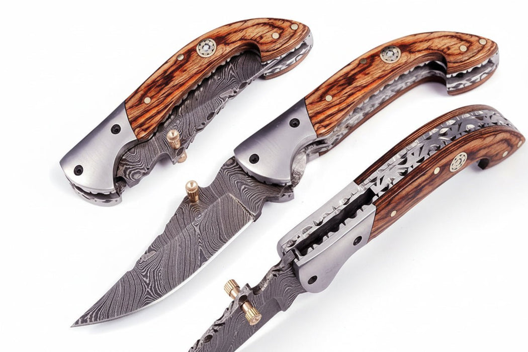 Handmade Damascus Steel Folding Knife with Exotic Wood Handle | Custom Pocket Knife | JW SteelCrafts