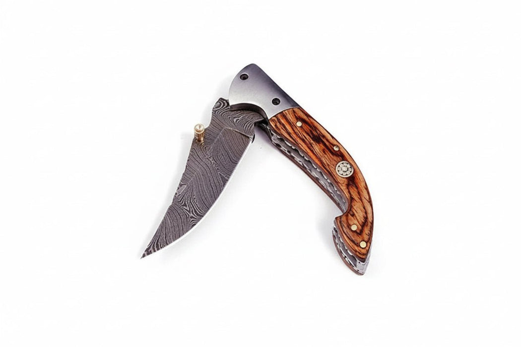 Handmade Damascus Steel Folding Knife with Exotic Wood Handle | Custom Pocket Knife | JW SteelCrafts