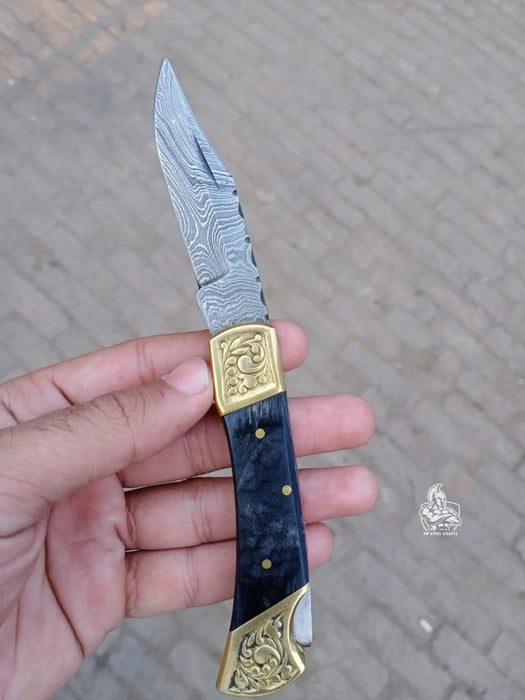 Handmade Damascus Steel Folding Knife with Gray Micarta Handle and Brass Thumb Stud – Custom EDC Pocket Knife by JW SteelCrafts