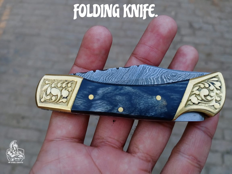 Handmade Damascus Steel Folding Knife with Gray Micarta Handle and Brass Thumb Stud – Custom EDC Pocket Knife by JW SteelCrafts