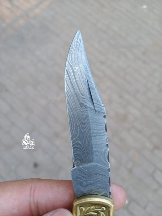 Handmade Damascus Steel Folding Knife with Gray Micarta Handle and Brass Thumb Stud – Custom EDC Pocket Knife by JW SteelCrafts