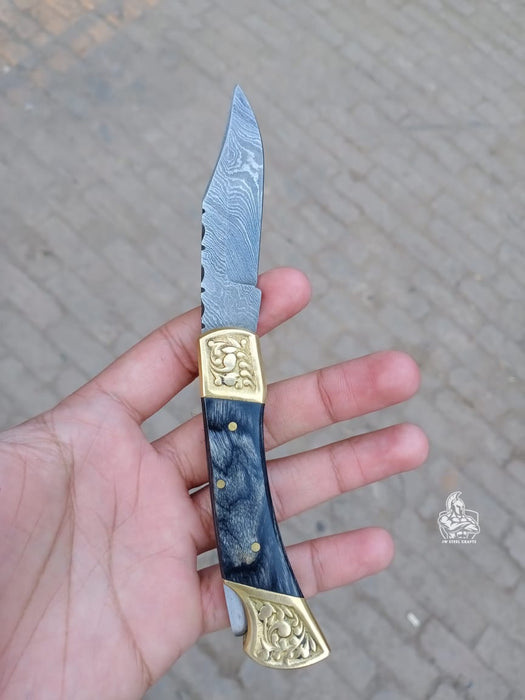 Handmade Damascus Steel Folding Knife with Gray Micarta Handle and Brass Thumb Stud – Custom EDC Pocket Knife by JW SteelCrafts
