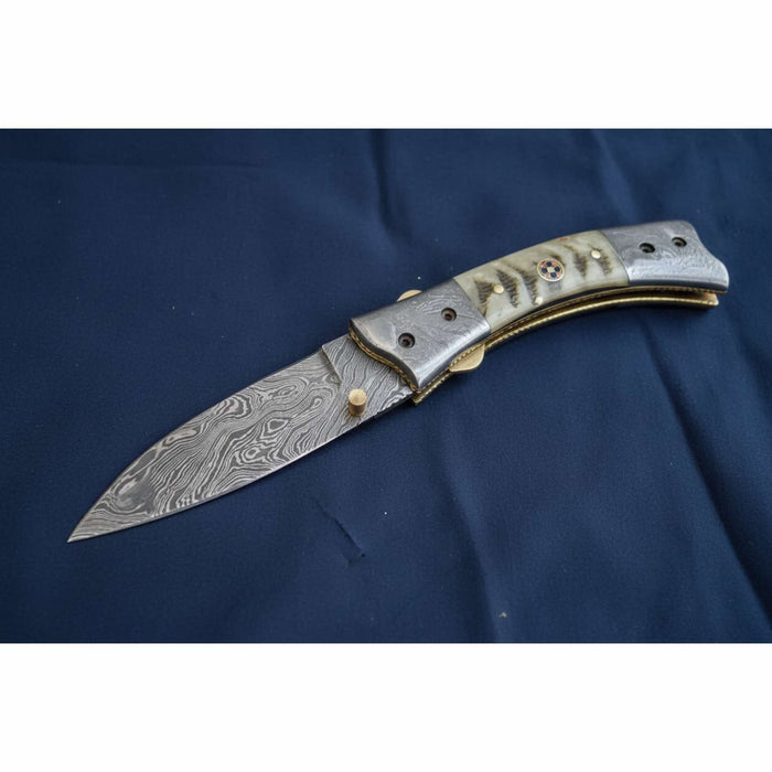 Handmade Damascus Steel Folding Knife with Natural Bone Handle – Custom Pocket Knife