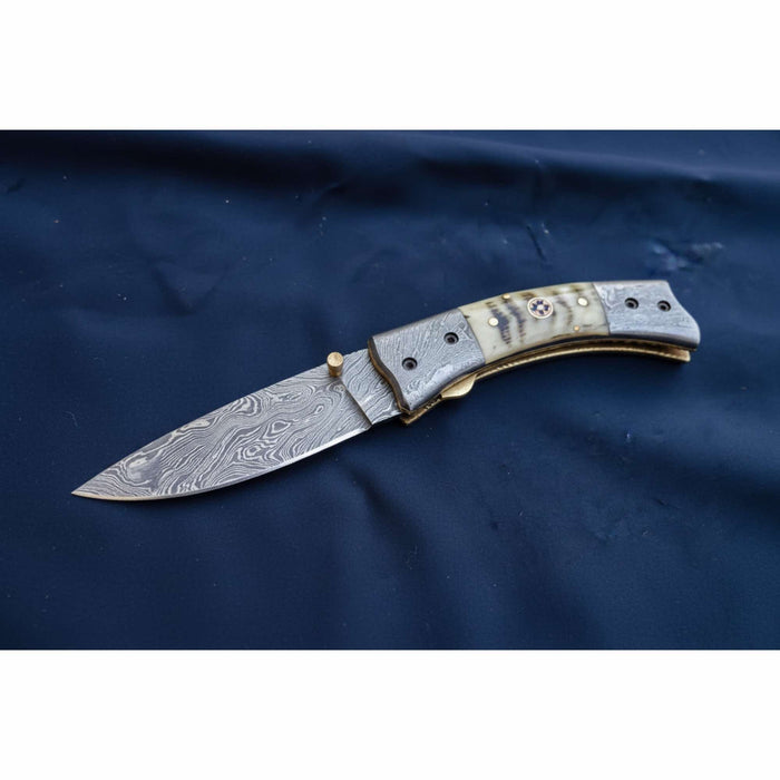 Handmade Damascus Steel Folding Knife with Natural Bone Handle – Custom Pocket Knife