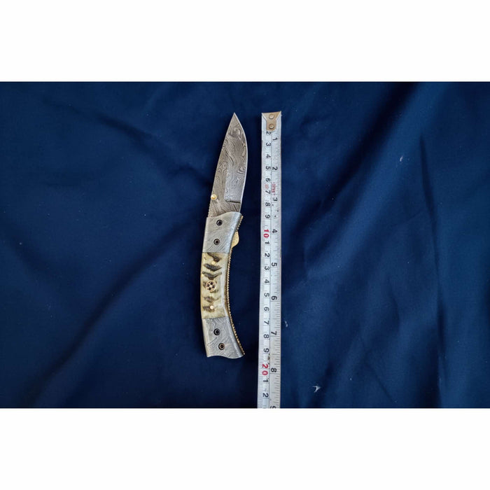 Handmade Damascus Steel Folding Knife with Natural Bone Handle – Custom Pocket Knife