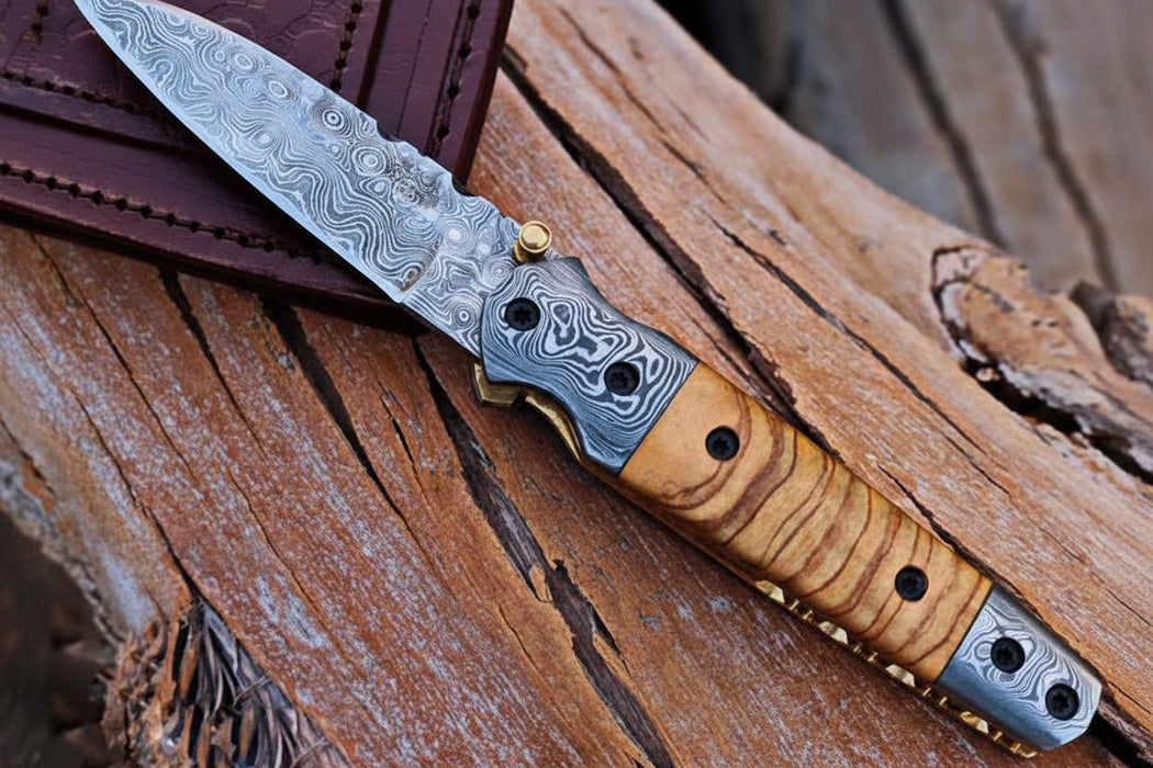 Handmade Damascus Steel Folding Knife with Olive Wood Handle – Pocket Knife for Everyday Carry & Gift