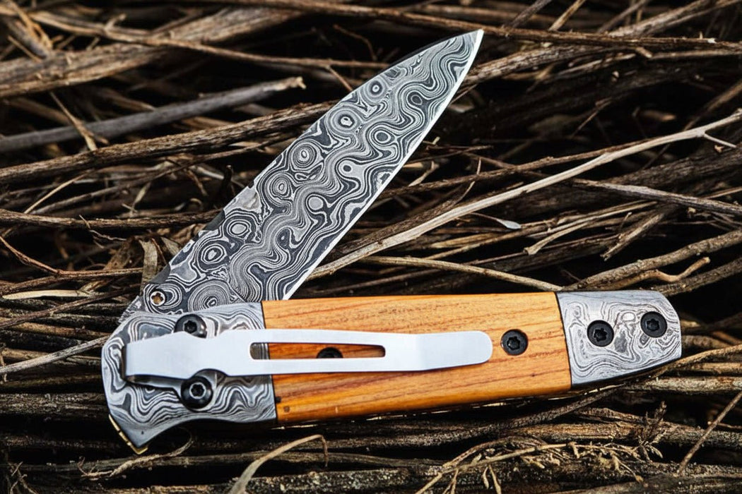 Handmade Damascus Steel Folding Knife with Olive Wood Handle – Pocket Knife for Everyday Carry & Gift