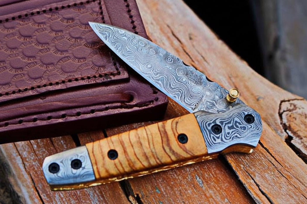 Handmade Damascus Steel Folding Knife with Olive Wood Handle – Pocket Knife for Everyday Carry & Gift