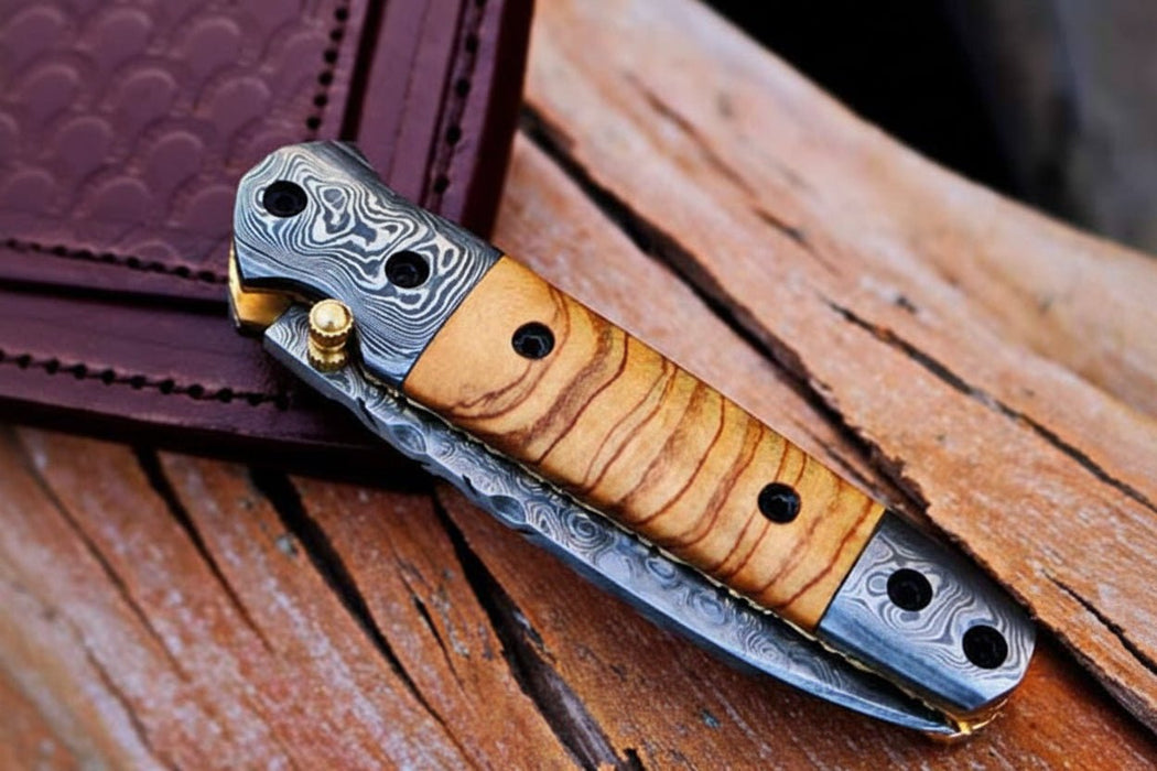 Handmade Damascus Steel Folding Knife with Olive Wood Handle – Pocket Knife for Everyday Carry & Gift