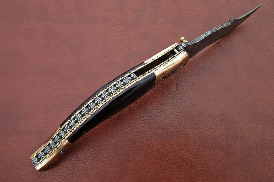 Handmade Damascus Steel Folding Knife with Teal Handle, Engraved Bolster & Leather Sheath